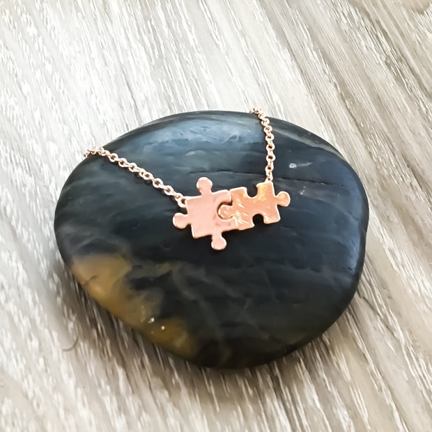 Autism Awareness, Mother, Tiny Double Puzzle Necklace with Card, Rose Gold, Silver