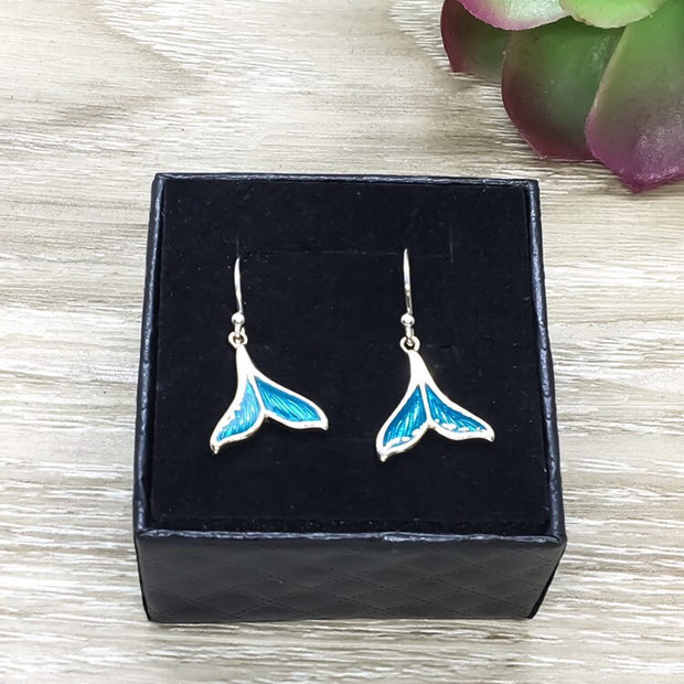 Blue Fish Tail Dangle Earrings, Mermaid, Sterling Silver