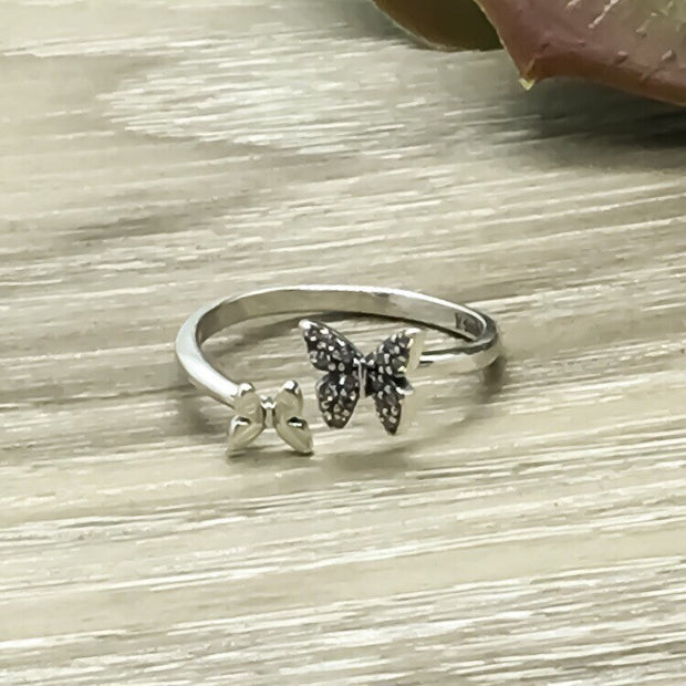 Double Butterfly Ring, Sterling Silver, Adjustable Statement Ring