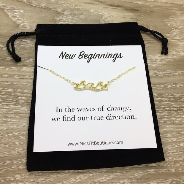 New Beginnings, Ocean, Wave Ripple Necklace with Card, Rose Gold, Silver