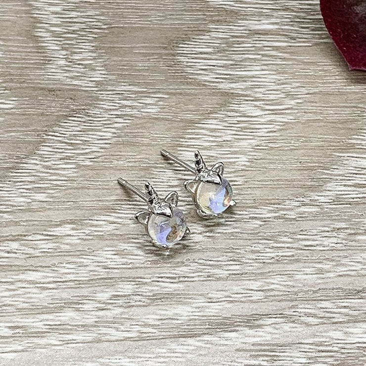 Tiny Unicorn Stud Earrings, Whimsical, Cubic Zirconia, Sterling Silver