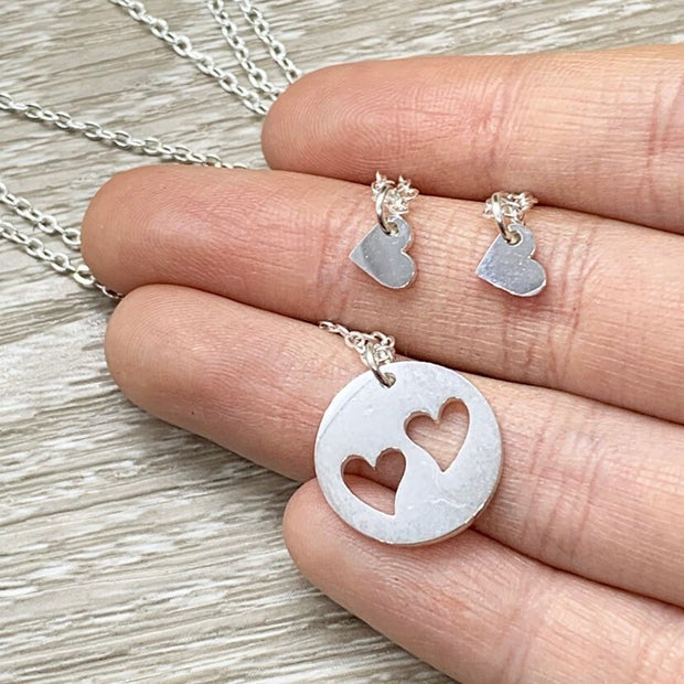 Mother with 2 Daughters Gift, Sharable Necklace Set for 3, Gift for Mom Matching Necklaces, Tiny Heart Cutout Pendant, Gift for Best Friends