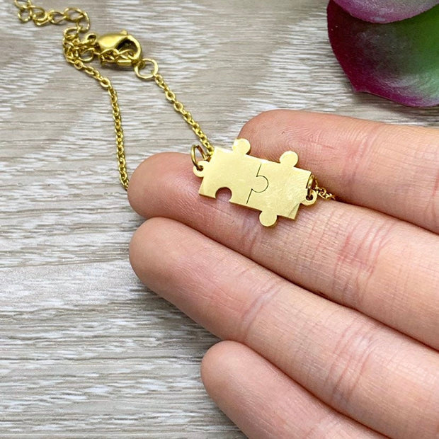 Double Puzzle Necklace or Bracelet, Minimal Jewelry, Dainty Jigsaw Puzzle Pendant, Mother Gift, Holiday Gift Mom, Stainless Steel Jewelry