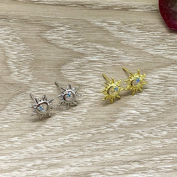 Tiny Sun Stud Earrings, Sunshine Studs, Sterling Silver, Cubic Zirconia