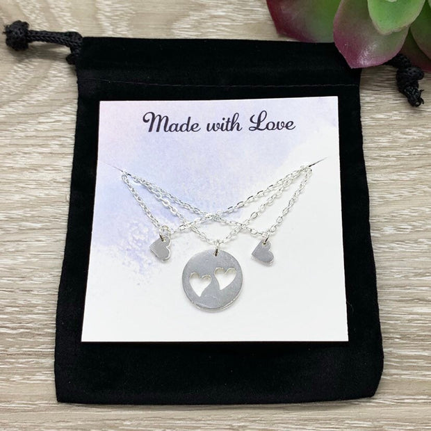 Mother with 2 Daughters Gift, Sharable Necklace Set for 3, Gift for Mom Matching Necklaces, Tiny Heart Cutout Pendant, Gift for Best Friends