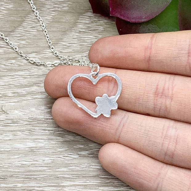 Paw Print Heart Necklace, Dainty Paw Pendant Silver, Minimal Pet Jewelry, Cat Lover Gift, Dog Owner Gift, Paw Prints on your Heart Quote