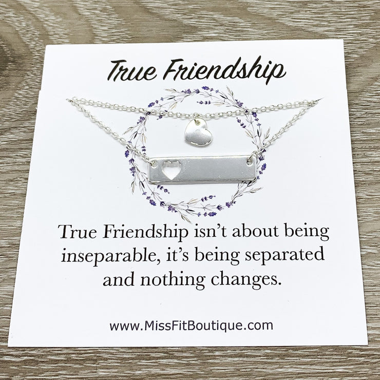 True Friendship, Bar and Heart Necklace Set for 2 with Card, Silver, Gold