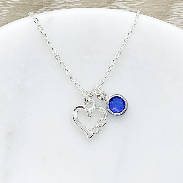 Aunt & Niece, Tiny Silver Infinity Heart Necklace with Card, Birthstone, Gift Box