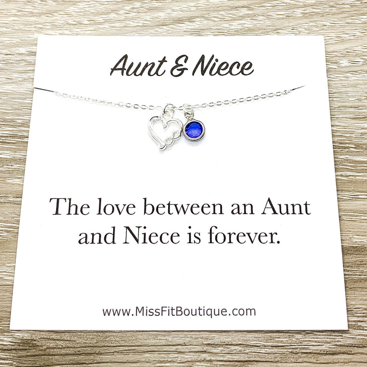 Aunt & Niece, Tiny Silver Infinity Heart Necklace with Card, Birthstone, Gift Box