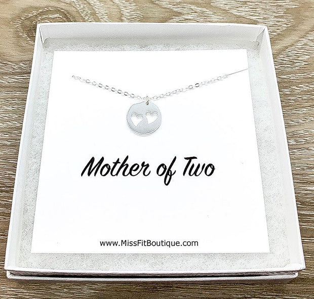 Mother of 2 Gift, Silver Heart Necklace, Gift for Mom, 2 Hearts Cutout Pendant, Gift for Mom from Kids, Mother Birthday Gift
