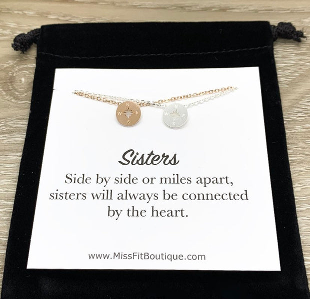 Tiny Compass Necklace Set for 2, Side by Side or Miles Apart Card, Gift from Sister, Sisterhood Jewelry, Sisters Gift, Sorority Jewelry Gift