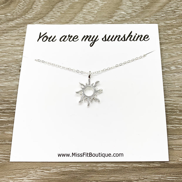You Are My Sunshine, Silver Sun Necklace with Card