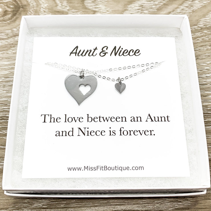 Aunt and Niece, Hearts Necklace Set for 2 with Card, Gift Box, Gold, Silver