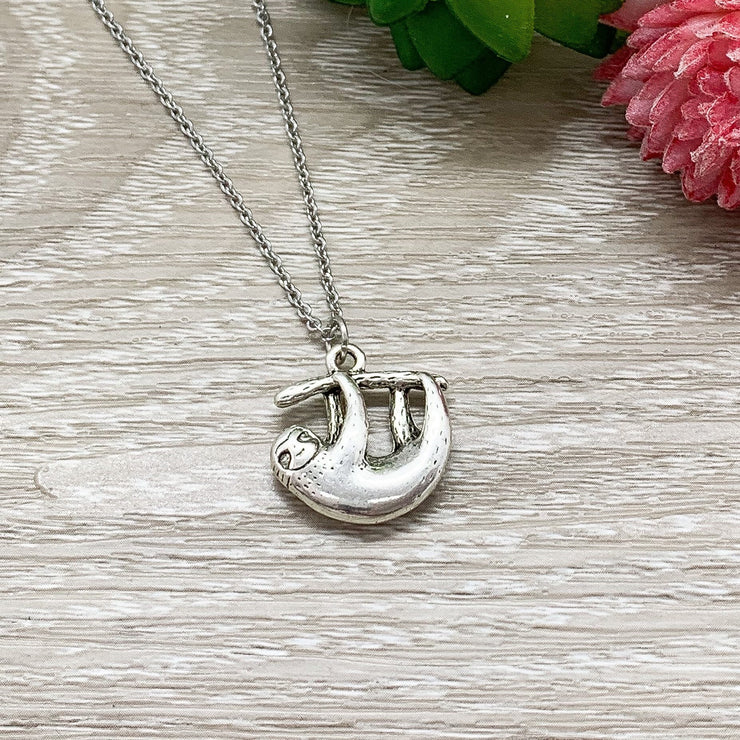 Spirit Animal, Hanging Sloth Necklace, Dainty Silver Sloth Pendant, Animal Lover Jewelry, Cute Necklace, Uplifting Gift, Custom Message Card