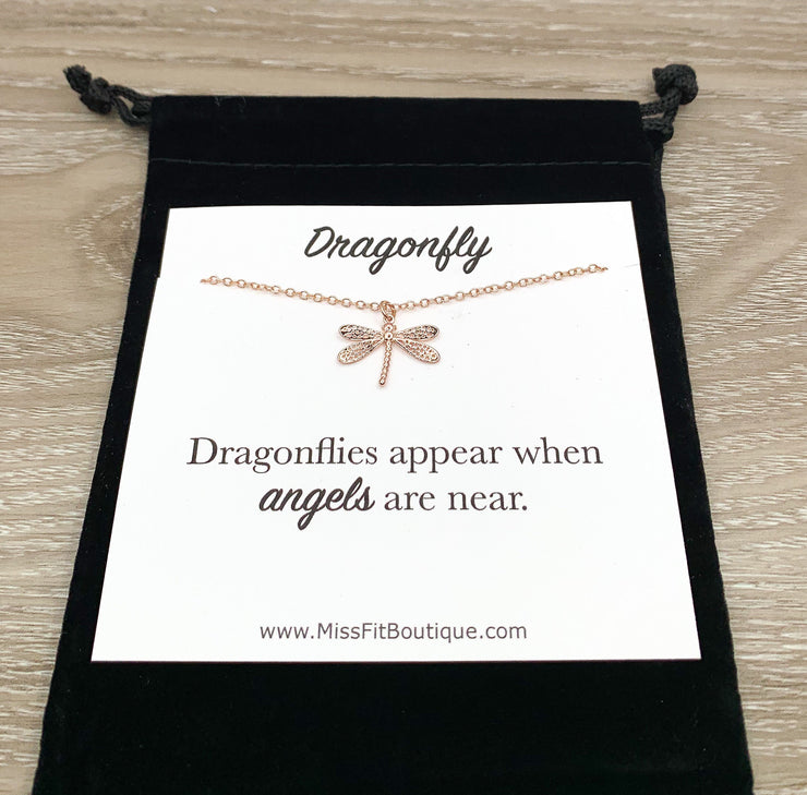 Dragonfly Necklace with Card, Loss, Memorial, Remembrance, Rose Gold, Silver