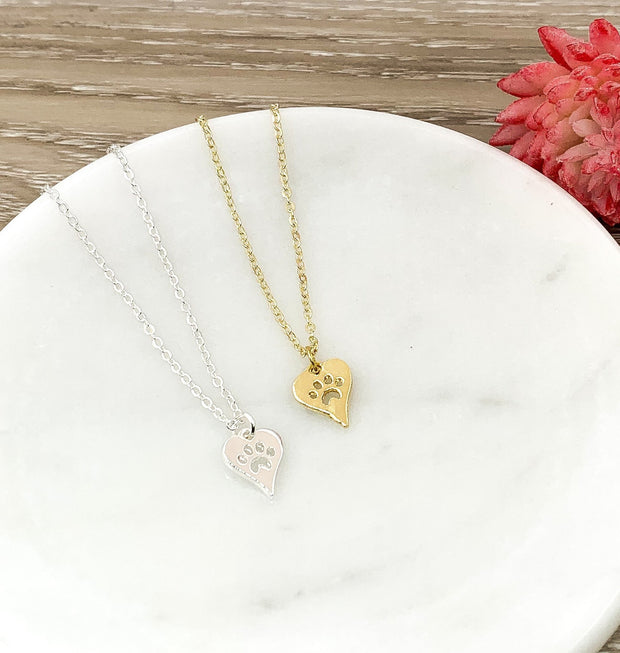 Tiny PawPrint Necklace, Dainty Heart Pendant, Minimal Pet Jewelry, Cat Lover Gift, Dog Owner Gift, Paw Prints on your Heart Quote, Pet Loss