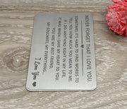 Never Forget That I Love You, Romantic Wallet Card, Gift for Husband, Stainless Steel, Gift from Wife, Sentimental Gift for Boyfriend