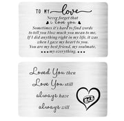 Never Forget That I Love You, Double-Sided Wallet Card, Romantic Husband Gift, Stainless Steel, Gift from Wife, Sentimental Boyfriend Gift