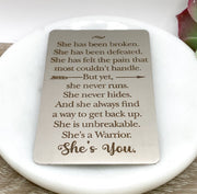 Inspirational Wallet Card, She’s Unbreakable Quote, Empowering Gift for Her, Warrior Gift, Stainless Steel, Simple Reminder Card