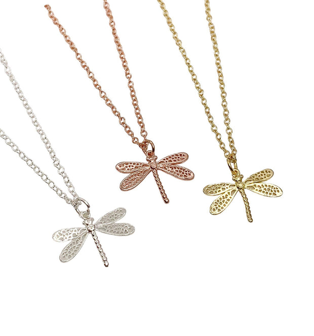 Dragonfly Necklace with Card, Motivational, Strength, Rose Gold, Silver