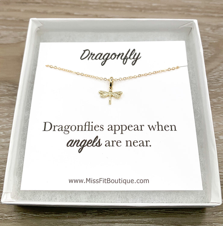 Tiny Dragonfly Necklace with Card, Dragonflies Appear, Loss, Gold, Silver