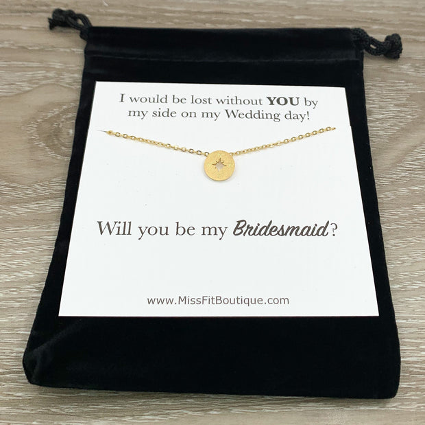 Compass Necklace, Bridesmaid Proposal Necklace with Card, Minimalist Jewelry, Maid of Honor Gift, Bridal Party Gift, Will You Be My, Wedding
