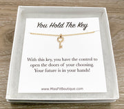 Tiny Silver Key Necklace, You Hold The Key Card, Gift for Student, Friendship Necklace, Key Shaped Pendant, Skeleton Key Charm, Student Gift
