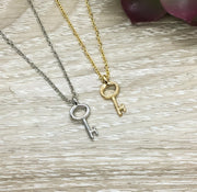 Tiny Key Pendant, Key to Success Necklace, Gift for Student, Friendship Necklace, Key Shaped Pendant, Skeleton Key Charm, Student Gift