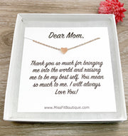 Dear Mom Quote Card, Dainty Heart Necklace, Sentimental Mother Jewelry, Gift for Mom, Meaningful Jewelry, Gift from Daughter, Gift from Son