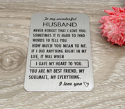 To My Wonderful Husband Card, Romantic Wallet Card, Gift for Husband, Stainless Steel, Gift from Wife, Sentimental Gift, Men Anniversary