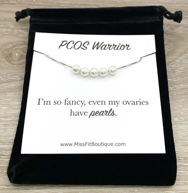 PCOS Warrior Card, Silver Floating Pearl Necklace