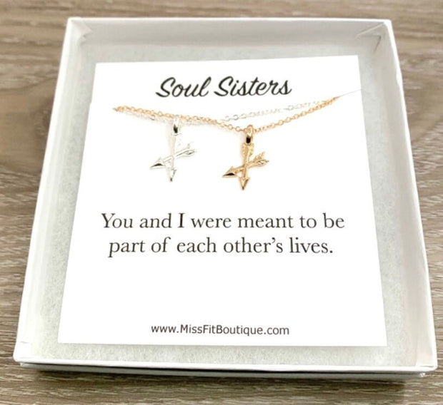 Soul Sisters, Crossed Arrows Necklace Set for 2 with Card, Gold, Silver, Friend