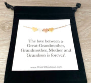 4 Hearts Necklace with Card, Four Generations, Great-Grandmother, Grandma