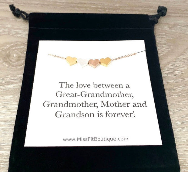 4 Hearts Necklace with Card, Four Generations, Great-Grandmother, Grandma