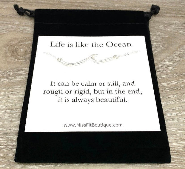 Simple Wave Necklace with Card, Life is Like the Ocean, Beach