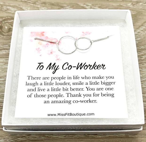 Amazing Coworker, Interlocking Circles Necklace with Card, Gift Box, Rose Gold, Silver