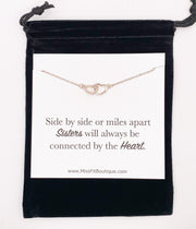 Sisters Quote, Connected by the Heart, Double Hearts Necklace with Card, Two Interlocking Hearts Necklace, Sister Birthday Gift