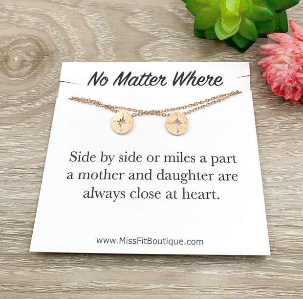 No Matter Where, Mother Daughter Set for 2, Tiny Compass Matching Necklace, Side by Side, Mom Gifts, Motherhood Jewelry, Mother’s Day Gift