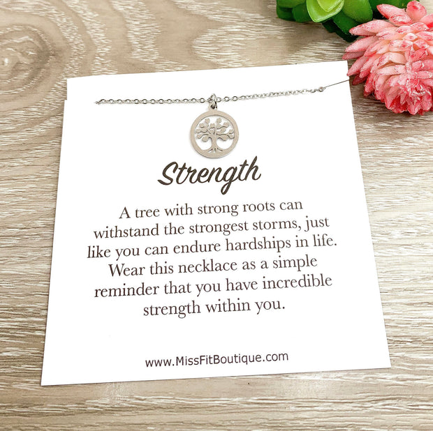 Tree Necklace Silver, Strength Jewelry, A Tree with Strong Roots, Inspirational Card, Nature Lover Gift, Gift for Fighter, Uplifting Gift