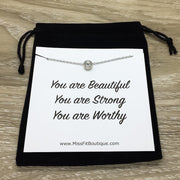 You Are Beautiful, You Are Strong Card, Round Crystal Necklace, Silver