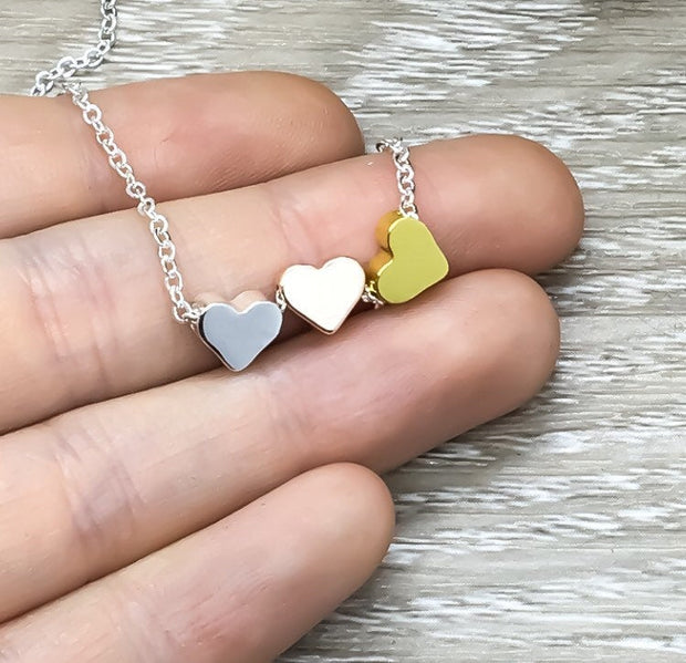 Tiny 3 Hearts Necklace with Silver Chain, Rose Gold