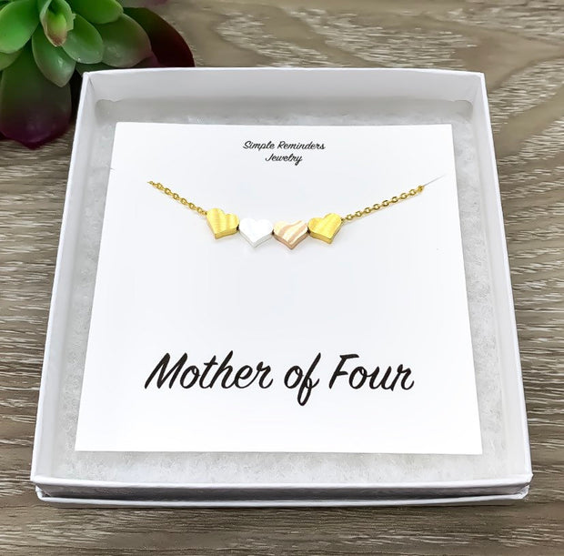 Mother of Four Necklace with Gift Box, Multiple Hearts Necklace, 4 Heart Pendants, Gift for Mom from Kids, Gift for Mama