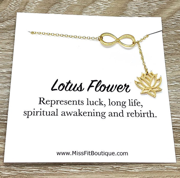 Y Lariat Lotus Flower Necklace, Spirituality Quote Card, Dainty Flower Necklace, Lotus Pendant, Yoga Jewelry, Inspirational, Thinking of You
