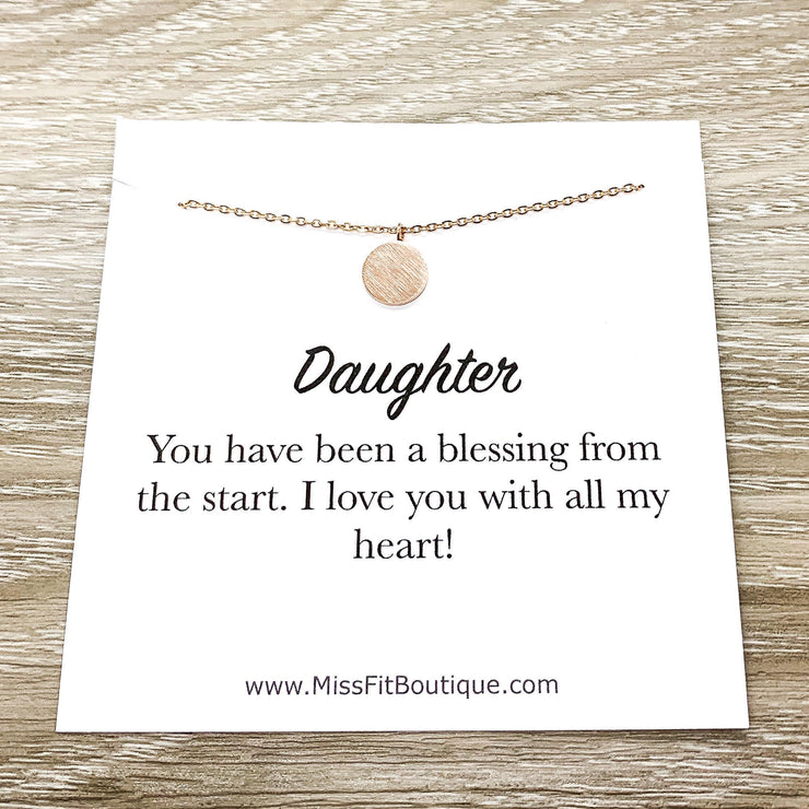 Daughter Gift, Tiny Round Disc Necklace, Rose Gold Solitaire Pendant, Unbiological Daughter Gift, Birthday Gift for Daughter, Christmas