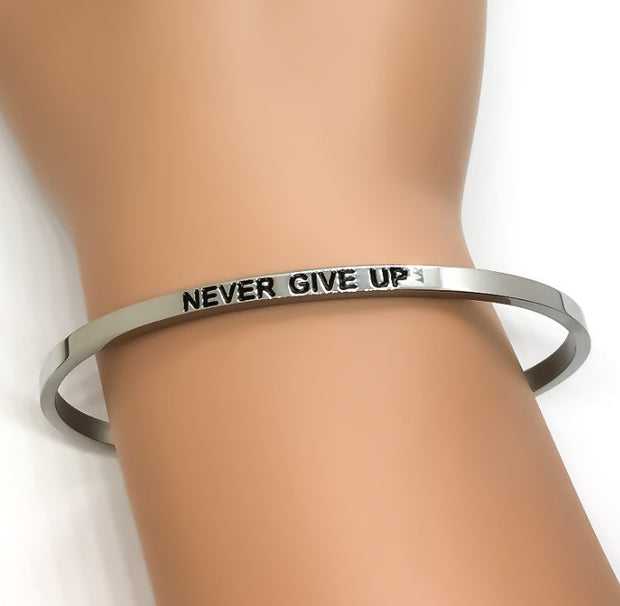 Never Give Up Cuff Bangle Bracelet, Fearless Gift, Gift for Friend, Thin Mantra Bracelet Silver, Minimalist Bracelet, Friendship Jewelry