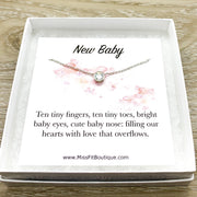 New Baby Gift, Congratulations Card, Tiny Round Crystal Necklace, Silver Solitaire Rhinestone Pendant, New Mama Gift, Pregnancy Gift