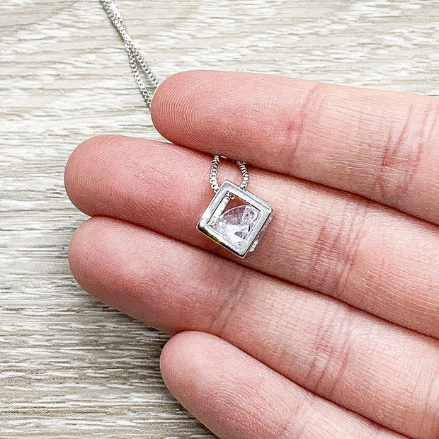 Dainty Cube Crystal Necklace, Tiny Sterling Silver Square Necklace, Cubic Jewelry, Bridesmaid Gift, Birthday, Stocking Filler for Her