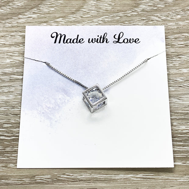 You Are Enough Card, Dainty Cube Crystal Necklace, Uplifting Gift, Sterling Silver Square Necklace, Stocking Filler, You Are Worthy, Holiday