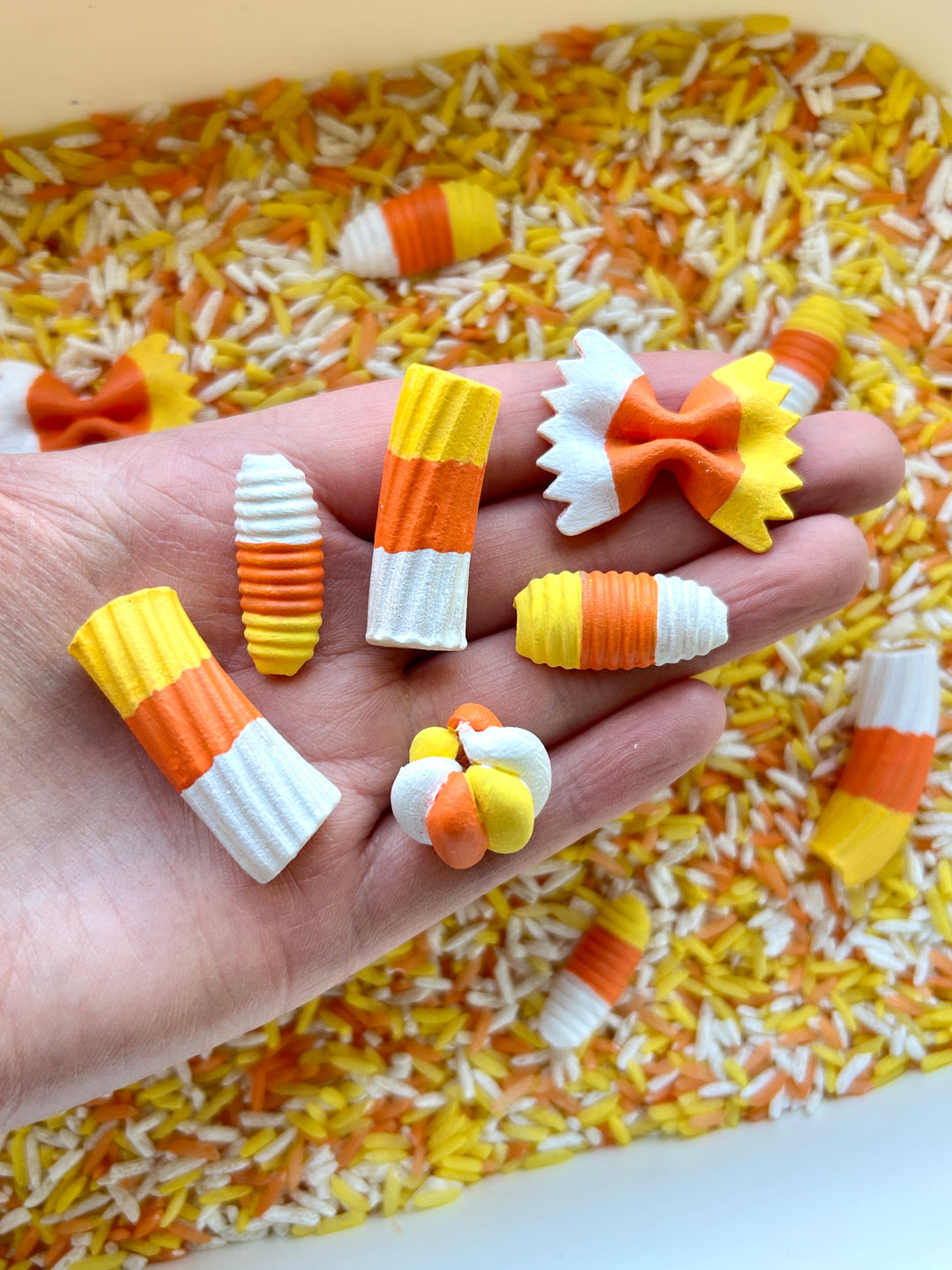 Candy Corn Craze Sensory Filler | Halloween Sensory Rice Mix with Handpainted Pasta