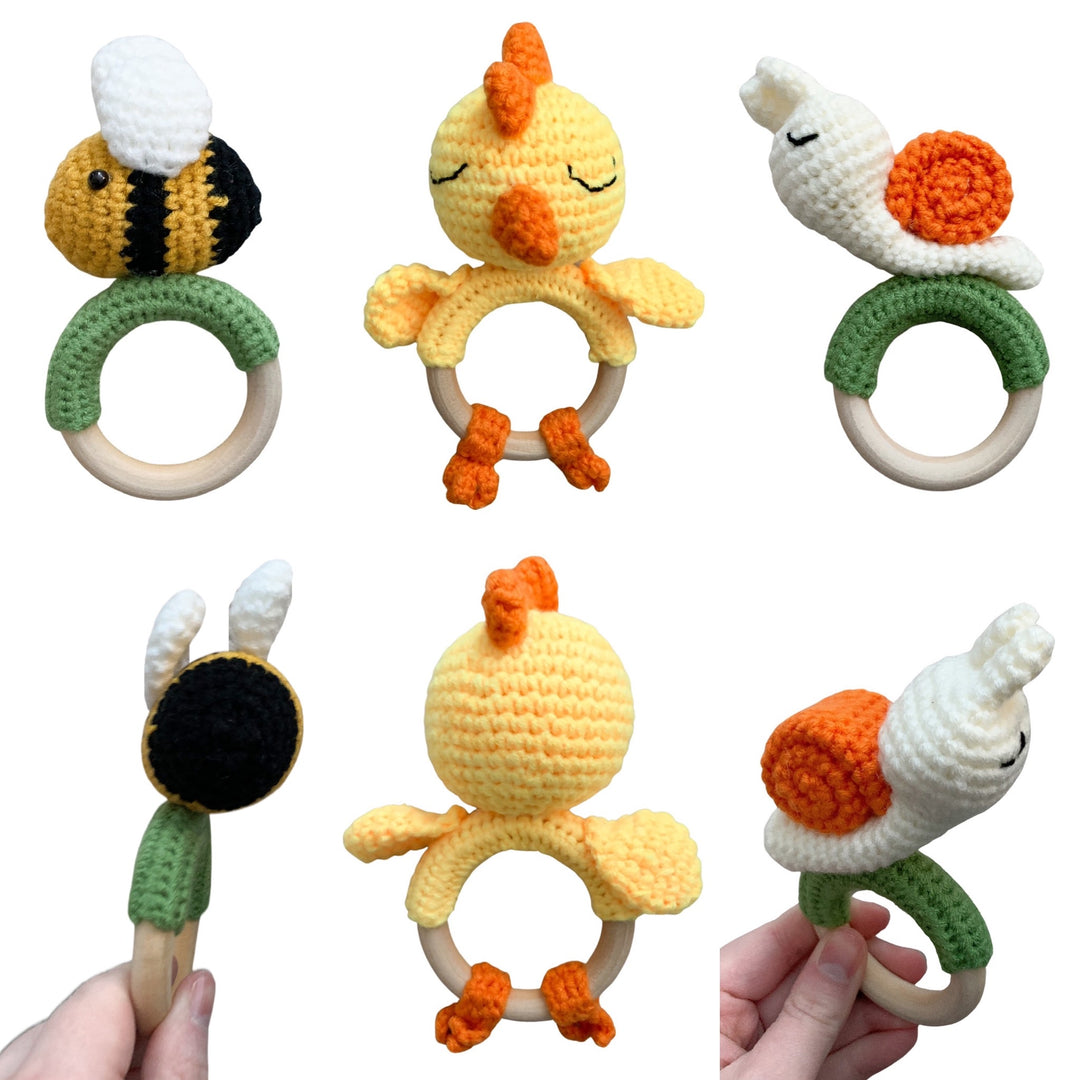 Wooden Crochet Animal-Shaped Baby Rattle